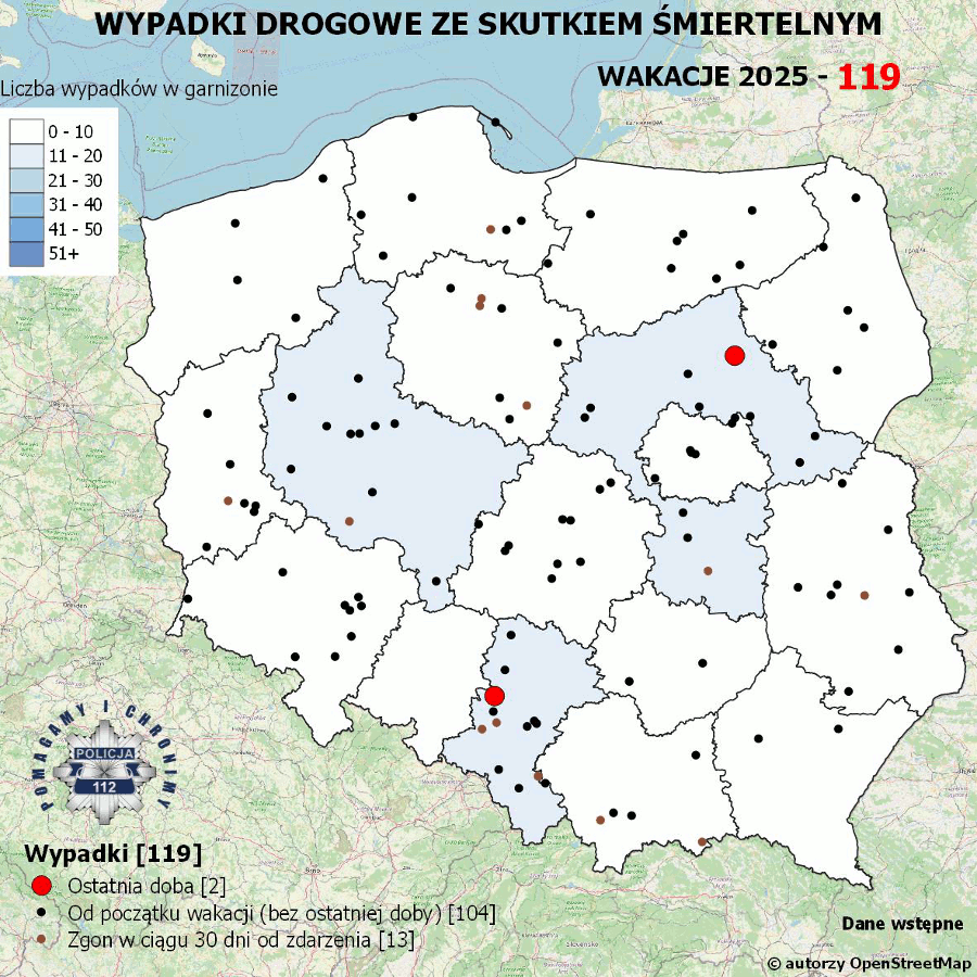 Mapa prezentująca liczbę wypadków poprzedniej doby w Polsce. Prezentowane dane są dostępne w tekście poniżej.
