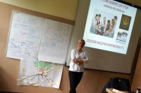 Anita Czerner-Lebedew na tle slajdy pierwszej strony prezentacji i prac uczniów, które powstały podczas warsztatów