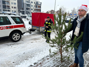Na zdjęciu widać, jak pracownik mops trzyma w ręku choinkę, a w tle widać strażaka i wóz strażacki