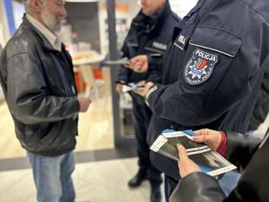 Na zdjęciu widać policjantów oraz mężczyznę. Na pierwszym planie widać ulotki akcji &quot;Nie daj wystrychnąć się na wnuczka&quot;.