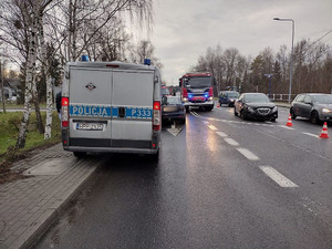 Na zdjęciu widać miejsce zdarzenia, w tym pojazdy w nim uczestniczące, radiowóz oraz pojazd straży pożarnej.