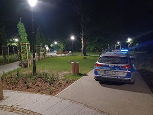 Na zdjęciu widać policyjny radiowóz na chodniku w parku miejskim w Żorach