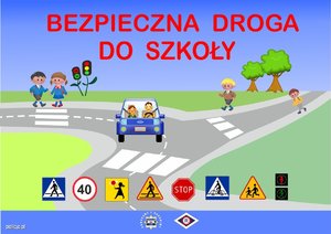 Grafika przedstawia akcję pod nazwą &quot;Bezpieczna droga do szkoły&quot;. Widać na niej drogę, znaki drogowe, samochód oraz dzieci.