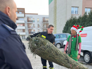 Na zdjęciu widać policjanta, strażaka z choinką oraz mężczyznę przebranego za elfa.