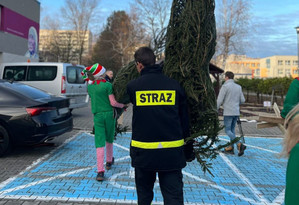 Na zdjęciu widać strażaka z choinką a w tle pozostałe osoby biorące udział w akcji.