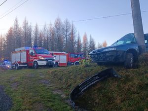 Na zdjęciu widać uszkodzonego citroena, a w tle policyjny radiowóz oraz wozy strażackie.