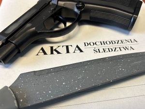 Na zdjęciu widać pistolet koloru czarnego oraz nóż kuchenny ułożone na teczce z napisem akta dochodzenia/śledztwa.