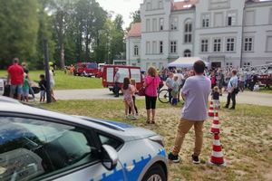 Na zdjęciu widać policyjny radiowóz, a w tle Pałac Baranowice.