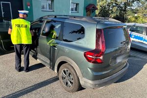 Na zdjęciu widać policjanta ubranego w kamizelkę odblaskową, który stoi przed ciemnym pojazdem typu van. W tle widać radiowóz.