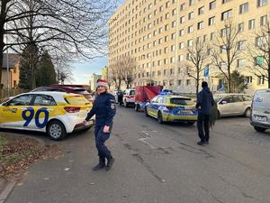 Na zdjęciu widać policjantkę, policyjny radiowóz oraz pojazd strażacki, a w tle blokowisko.