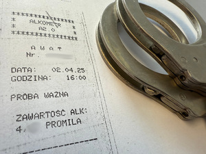 Na zdjęciu widać kajdanki oraz wydruk z alkomatu wskazujący 4 promile alkoholu w organizmie badanej osoby.