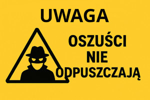 Grafika to czarne litery na żółtym tle z napisem &quot;Uwaga! oszuści nie odpuszczają&quot;.