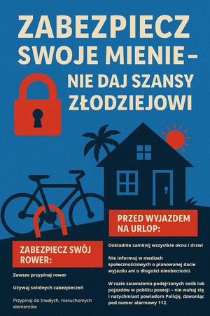 Grafika przedstawia dom, rower i informacje zbiór wybranych informacji dotyczących zabezpieczenia mienia, a dostępnych w komunikacie.