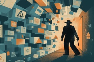 Grafika przestawia ciemną postać w cyberświecie.