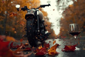 Grafika przedstawia motocykl w jesiennej scenerii oraz lampki wina.
