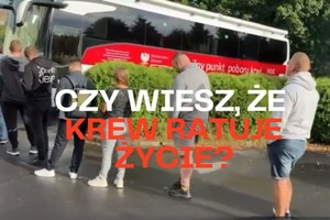 Na grafice widać osoby zgromadzone przed autobusem krwiodawstwa oraz napis, czy wiesz, że krew ratuje życie?
