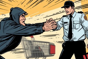 Na grafice widać mężczyznę w ruchu, pracownika ochrony i wózek sklepowy.