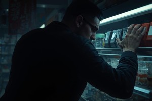 Grafika przedstawia mężczyznę zabierającego przedmiot z półki sklepowej.