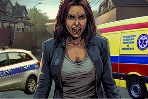 Na grafice widać rozzłoszczoną kobietę, karetkę i policyjny radiowóz.