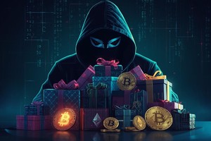 Na grafice widać zamaskowanego mężczyznę, kryptowaluty oraz prezenty.