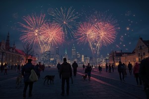 Grafika przedstawia ludzi na rynku miasta, na niebie widać fajerwerki, a ludzie spacerują także ze zwierzętami.
