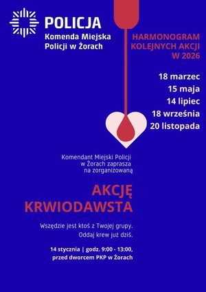 Na grafice zawarte są informację dotyczące najbliższej i planowanych akcji krwiodawstwa.