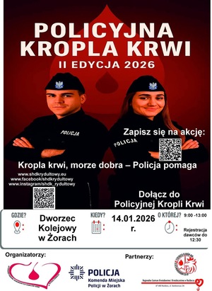 Plakat przedstawia informacje dotyczące akcji, w tym napis "Policyjna Kropla Krwi", logotypy współorganizatorów.