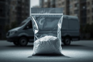 Na grafice widać woreczek z zapięciem strunowym z zawartością białego proszku, a w tle busa i blokowisko.