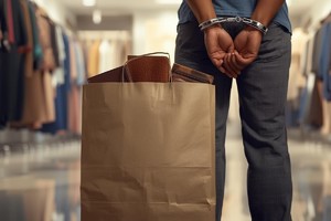 Na grafice widać mężczyznę który na rękach ma założone kajdanki, torbę z portfelami a w tle sklep odzieżowy.