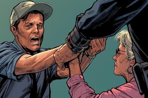 Na grafice widać mężczyznę i kobietę oraz policjanta. Policjant zakłada mężczyźnie kajdanki.