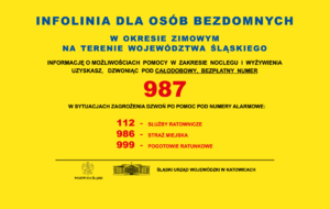 Grafika przedstawia informacje dotyczące bezpłatnego numeru telefonu infolinii.

W Śląskim Urzędzie Wojewódzkim w Katowicach z dniem 1 listopada 2025 r. uruchomiona zostanie infolinia o bezpłatnym numerze telefonu 987. Infolinia obsługiwana będzie całodobowo.

Pod wskazanym numerem można uzyskać informacje dotyczące noclegu i wyżywienia dla osób w kryzysie bezdomności na terenie województwa śląskiego.