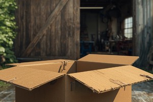 Na grafice widać rozdarte opakowanie kartonowe bez napisów, a w tle bramę wjazdową i garaż.