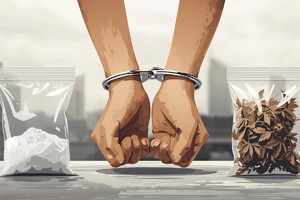 Na grafice widać dwa nadgarstki na których są założone kajdanki. w tle na pierwszym planie jest woreczek z zapięciem strunowym z zawartością białej substancji a obok taki sam woreczek z zawartością brunatnego suszu.