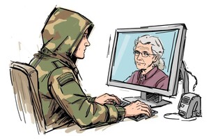 Na grafice widać mężczyznę ubranego w wojskowy mundur, siedzącego przed ekranem, jest częściowo zamaskowany. Widać też osobę po drugiej stronie ekranu - jest to starsza kobieta.
