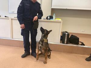 Na zdjęciu widać przebieg zajęć z zakresu kryminalistyki, policjantów i uczniów.