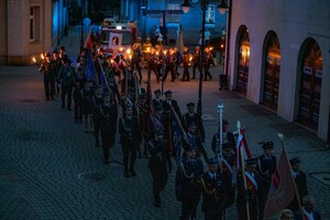 Na zdjęciu widać przebieg uroczystości obchodów Święta Ogniowego w Żorach.