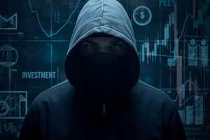 Na grafice widać zamaskowanego mężczyznę symbolizującego cyberoszusta, a za nim symbole wskazujące inwestycje oraz sprzedaż przez internet.