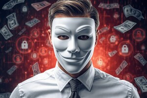 Grafika przedstawia zamaskowanego mężczyznę symbolizującego cyberoszusta.