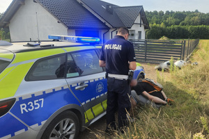 Na zdjęciu widać radiowóz, policjanta oraz zatrzymanego mężczyznę.