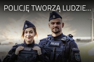 Na zdjęciu widać policjantów i motto: "Policję tworzą ludzie..."
