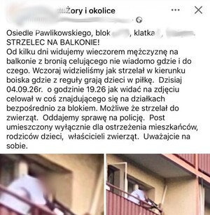 Na zdjęciu widać post z portalu na którym widać opis sytuacji oraz zdjęcia mężczyzny trzymającego przedmiot przypominający broń.